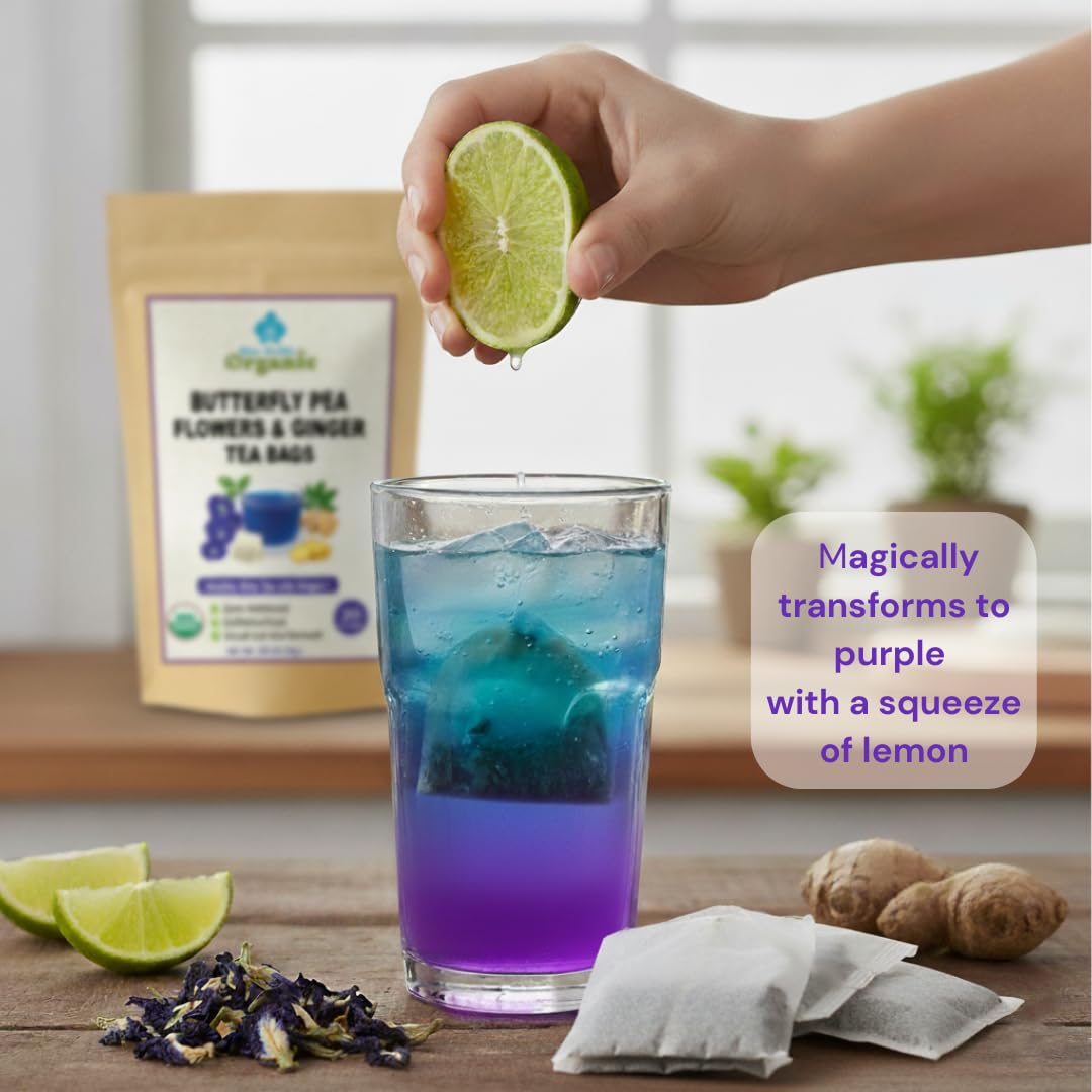 Organic Butterfly Pea Flower and Spicy Ginger Root 20 Tea Bags - Natural Blue Superfood Herbal Tea - Caffeine Free - Natural Corn Fiber Sachets