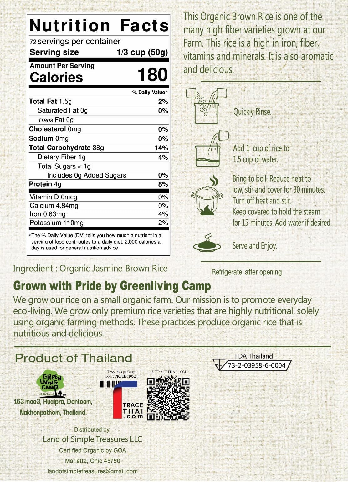 Organic Brown Jasmine Rice from Thailand Value Pack - Whole Grain Vegan Natural Healthy Superfood Gluten-free - 8 LB