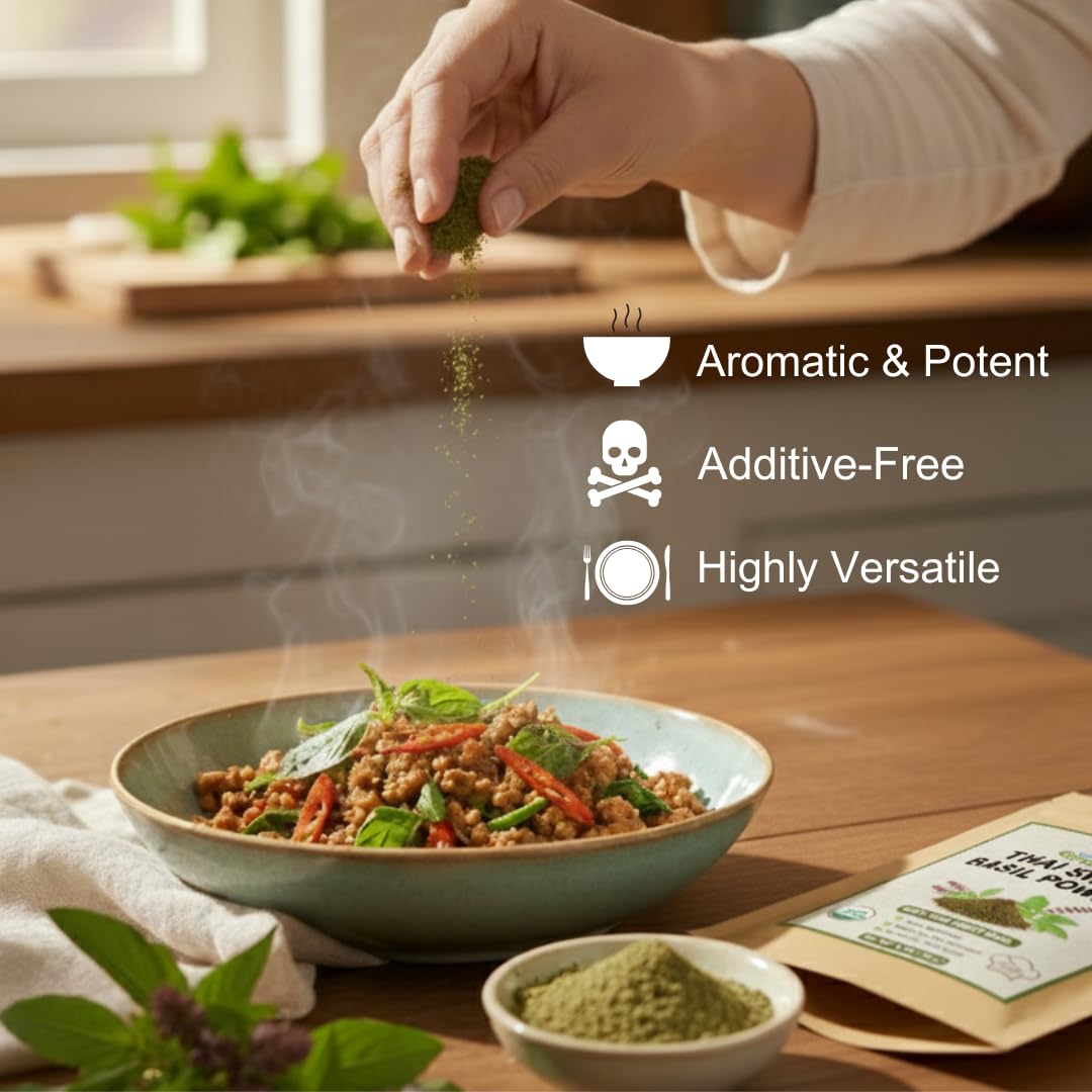 Organic Sweet Basil Powder - Premium Ground Thai Spice - Culinary Seasoning for Soups, Sauces, Pasta, and Pesto