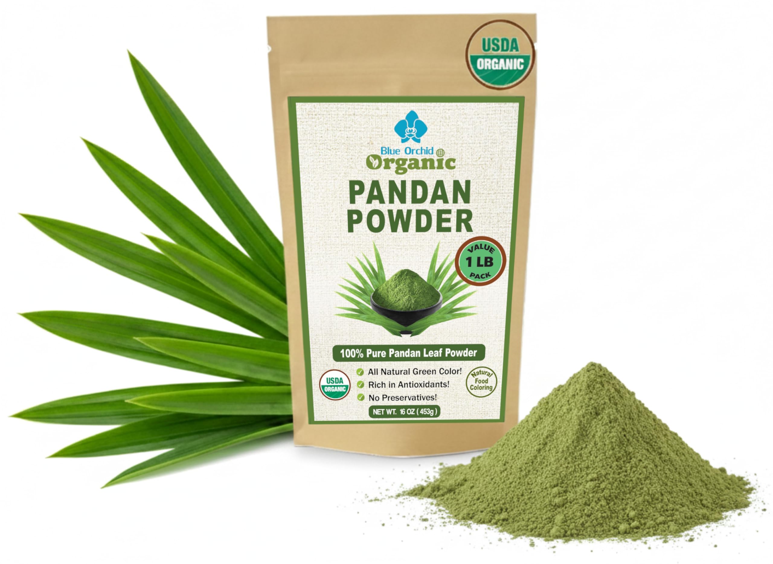 Organic Pandan Powder 16 OZ - Natural Green Food Coloring - Thai Herbal Aromatic Spice for Desserts Stews Curries Tea and Green Pandan Latte - Cut and Sifted