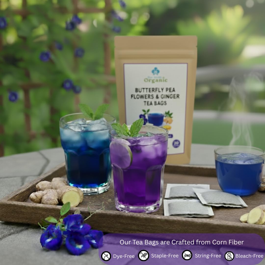Organic Butterfly Pea Flower and Spicy Ginger Root 20 Tea Bags - Natural Blue Superfood Herbal Tea - Caffeine Free - Natural Corn Fiber Sachets