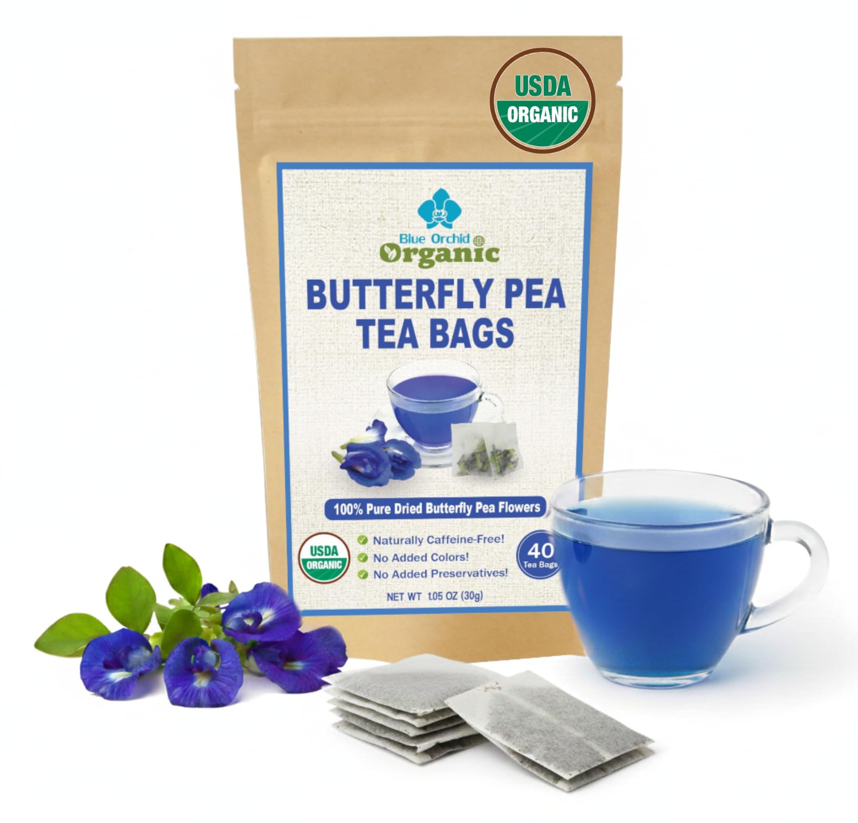 Organic Butterfly Pea Flower Tea Bags - 40 Organic Corn Fiber Sachets - Premium Dried Blossoms - Natural Food Coloring - Caffeine Free