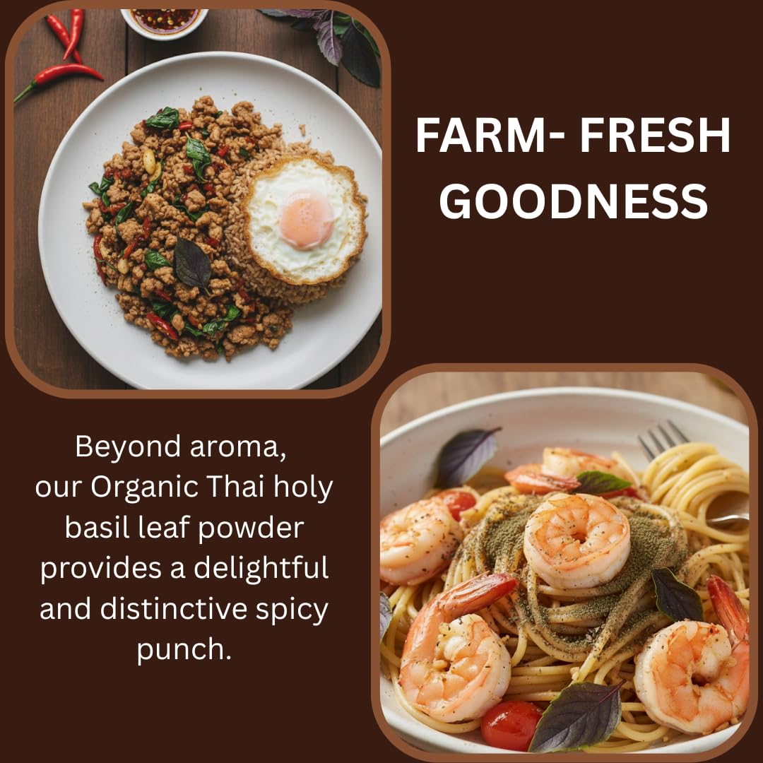 Organic Thai Holy Basil Powder 8 OZ - Premium Ground Hot Spice - Culinary Seasoning for Soups, Stir-fries, and Asian Cuisine