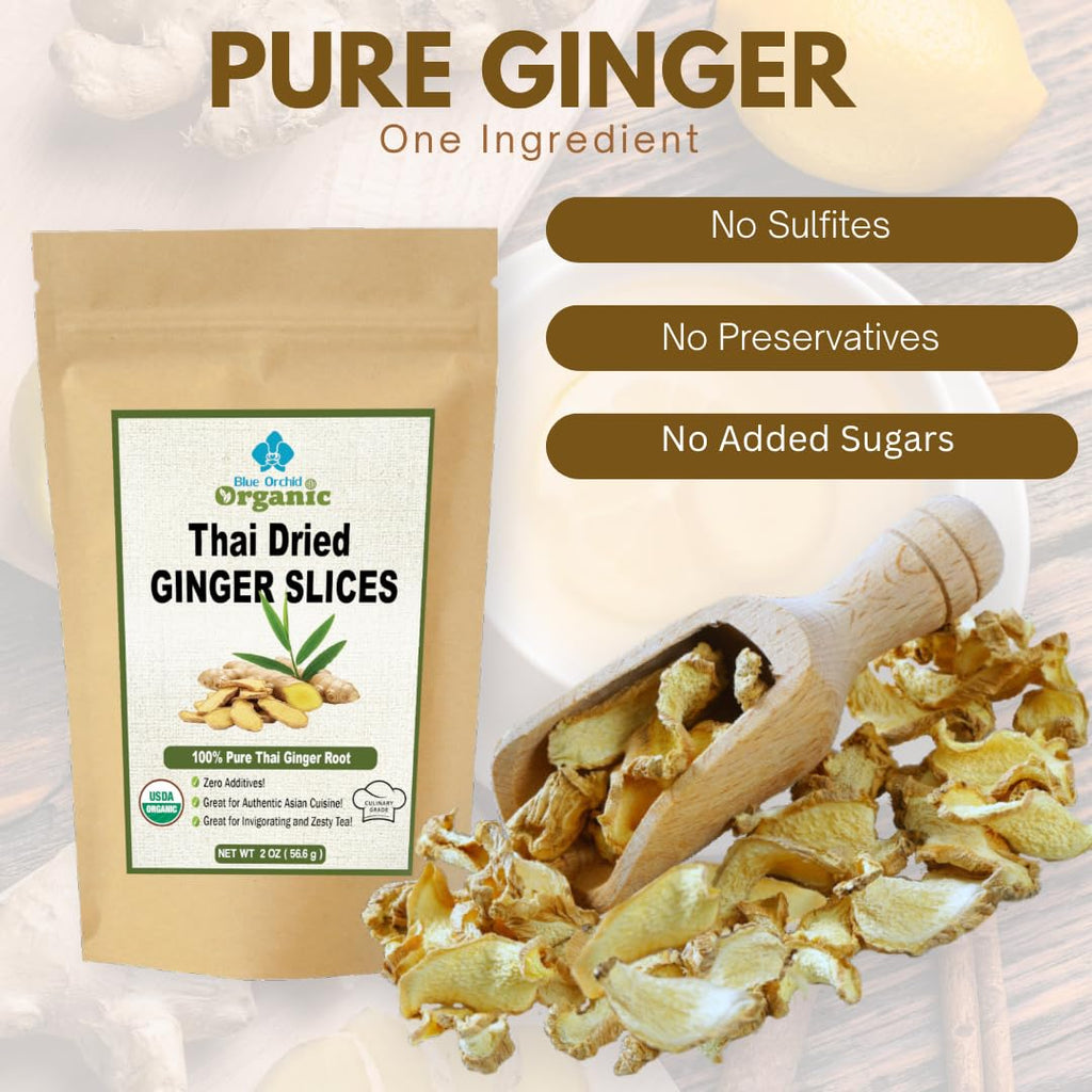 USDA Certified Organic Dried Ginger Root Slices 2 OZ - Premium Sun Dried Thai Spice, Carefully Cut & Sifted Zingiber Officinale for Flavorful Teas, Warming Soups, and Authentic Asian Cuisine