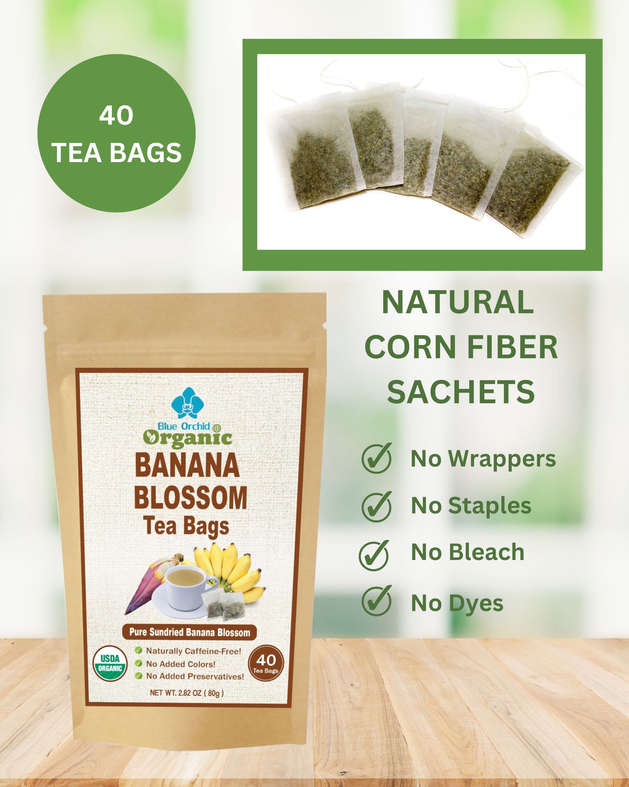 Banana Blossom Tea 40 Teabags - Organic Sun Dried Flowers in Natural Corn Fiber Sachets- Caffeine Free Herbal Drink