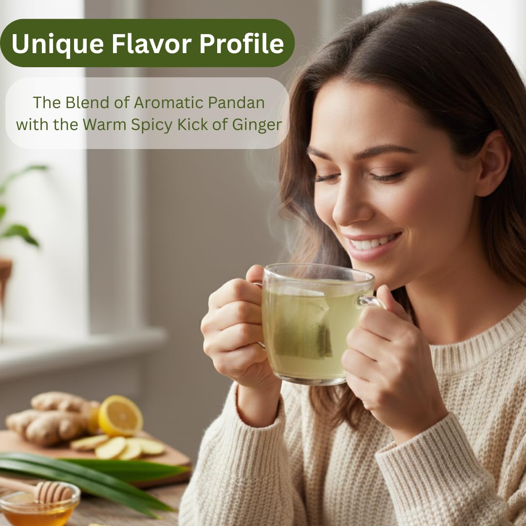 Organic Pandan Leaf and Ginger Root Tea Bags - Zesty Superfood Herbal Drink - 20 Natural Corn Fiber Sachets