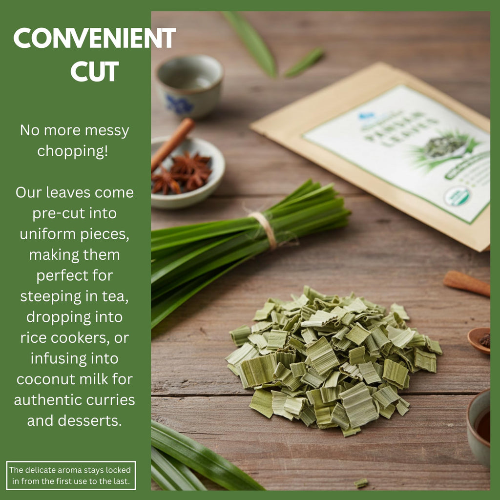 Organic Pandan Leaves - Dried Pandanus Loose Leaf - Gourmet Herbal Tea - Thai Spice for Desserts Stews and Curries - Cut and Sifted - 1 OZ