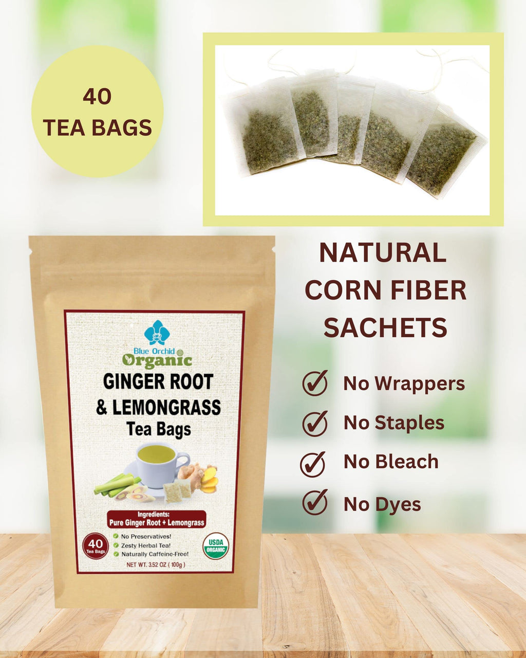 Organic Ginger Root and Lemongrass Tea Bags - Zesty Superfood Herbal Drink - Caffeine Free - 40 Natural Corn Fiber Sachets