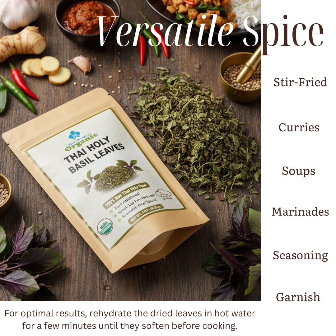 Organic Dried Thai Holy Basil Leaves 1 OZ - Hot & Aromatic - Essential Asian Cooking Herb & Spice - Perfect for Flavorful Soups, Stir-fries