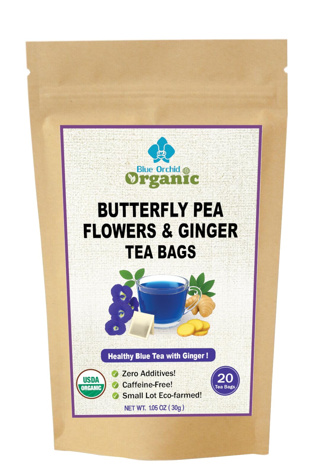 Organic Butterfly Pea Flower and Spicy Ginger Root 20 Tea Bags - Natural Blue Superfood Herbal Tea - Caffeine Free - Natural Corn Fiber Sachets