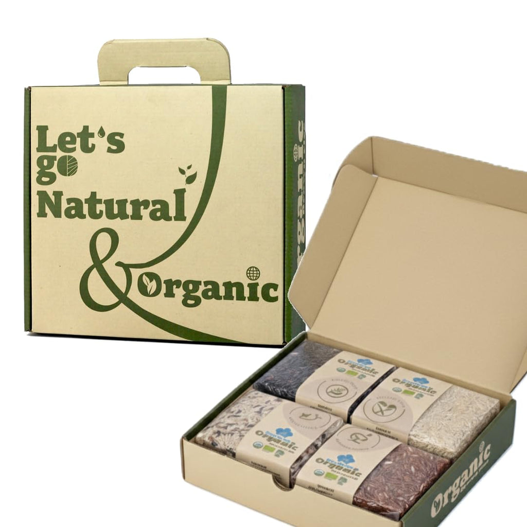 Organic Thai Jasmine Rice Gift Set - 4 Kinds of Rice - Brown Jasmine - Red Jasmine - Black Jasmine Riceberry - Mixed Jasmine Rice - 4 LB Let's Go
