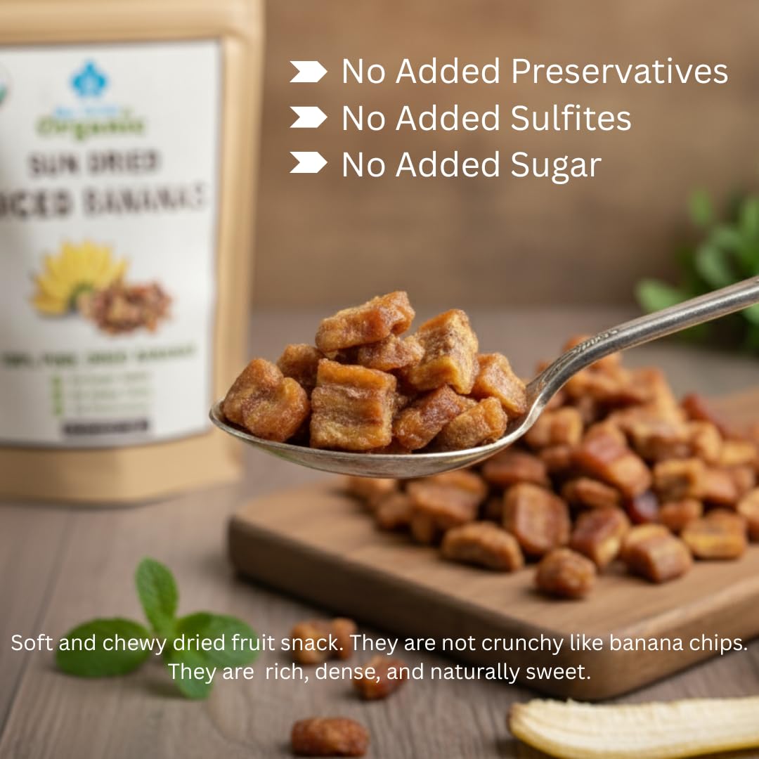 Organic Sun Dried Bananas Diced Fruit Pieces - Healthy Thai Natural Fruit Snacks - Soft and Chewy - No Sugar Added - No Preservatives - Unsulfured