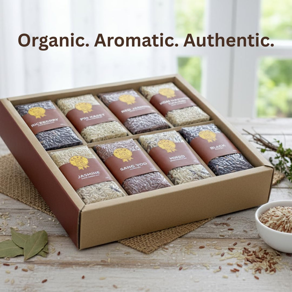 Organic Thai Jasmine Rice Gift Set | 8 Variety Packs | Brown Jasmine | Red Jasmine | Black Jasmine Riceberry |Mixed Jasmine Rice | Papa's Select by Blue Orchid Organic | 4 LB