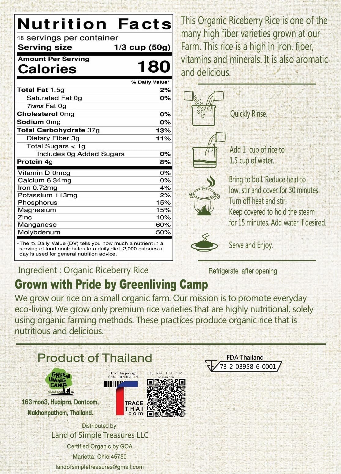 100% USDA Certified Organic Riceberry Rice - Purple Thai Black Jasmine Rice from Thailand - Gluten-free Healthy Gourmet Superfood
