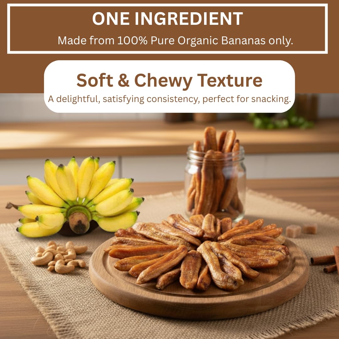 Organic Sun Dried Banana Strips - No Sugar Added - No Preservatives - Unsulfured - Soft and Chewy - Natural Fruit Snacks 12.6 OZ