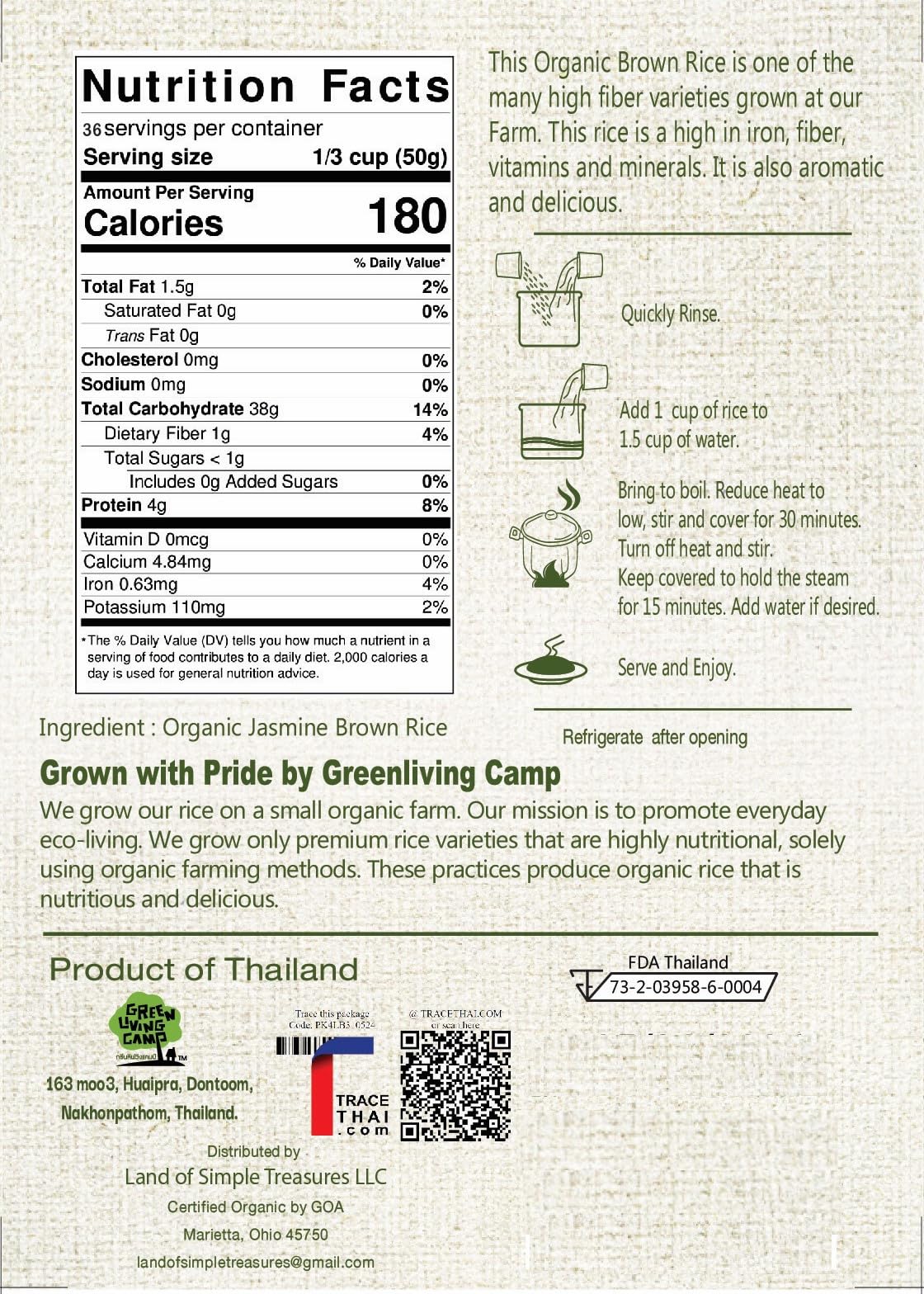 Organic Brown Jasmine Rice from Thailand - Whole Grain Vegan Natural Healthy Superfood Gluten-free - 4 LB